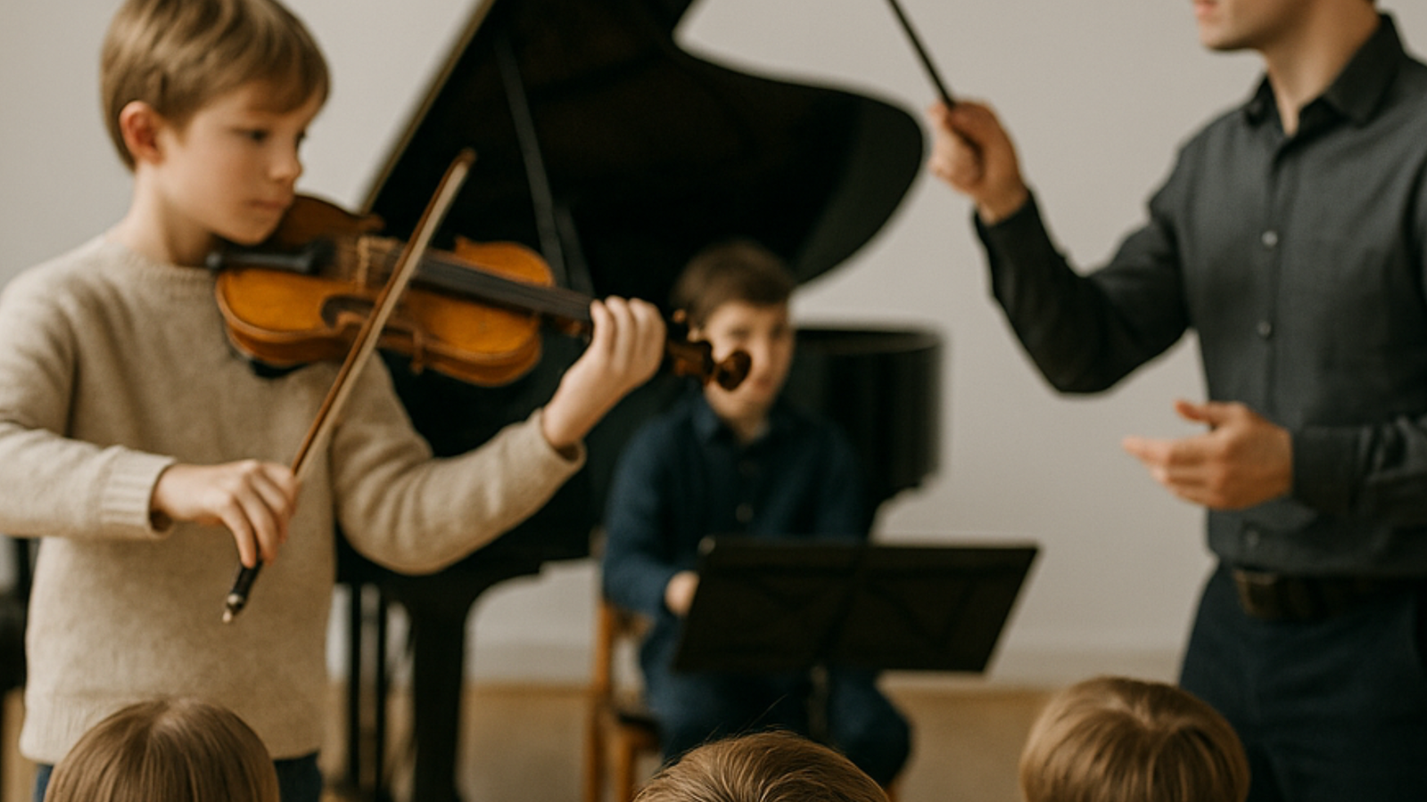 Niño tocando el violín en un concierto educativo de Va de Arte en Zuera